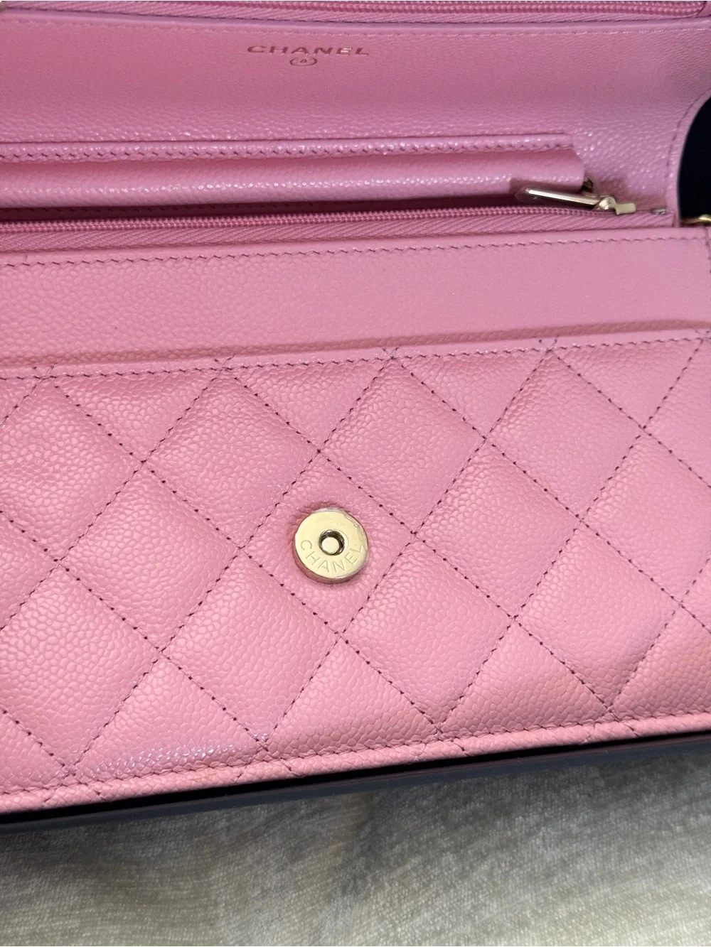 CHANEL Pink Quilted Caviar Leather Wallet Crossbody with Chain